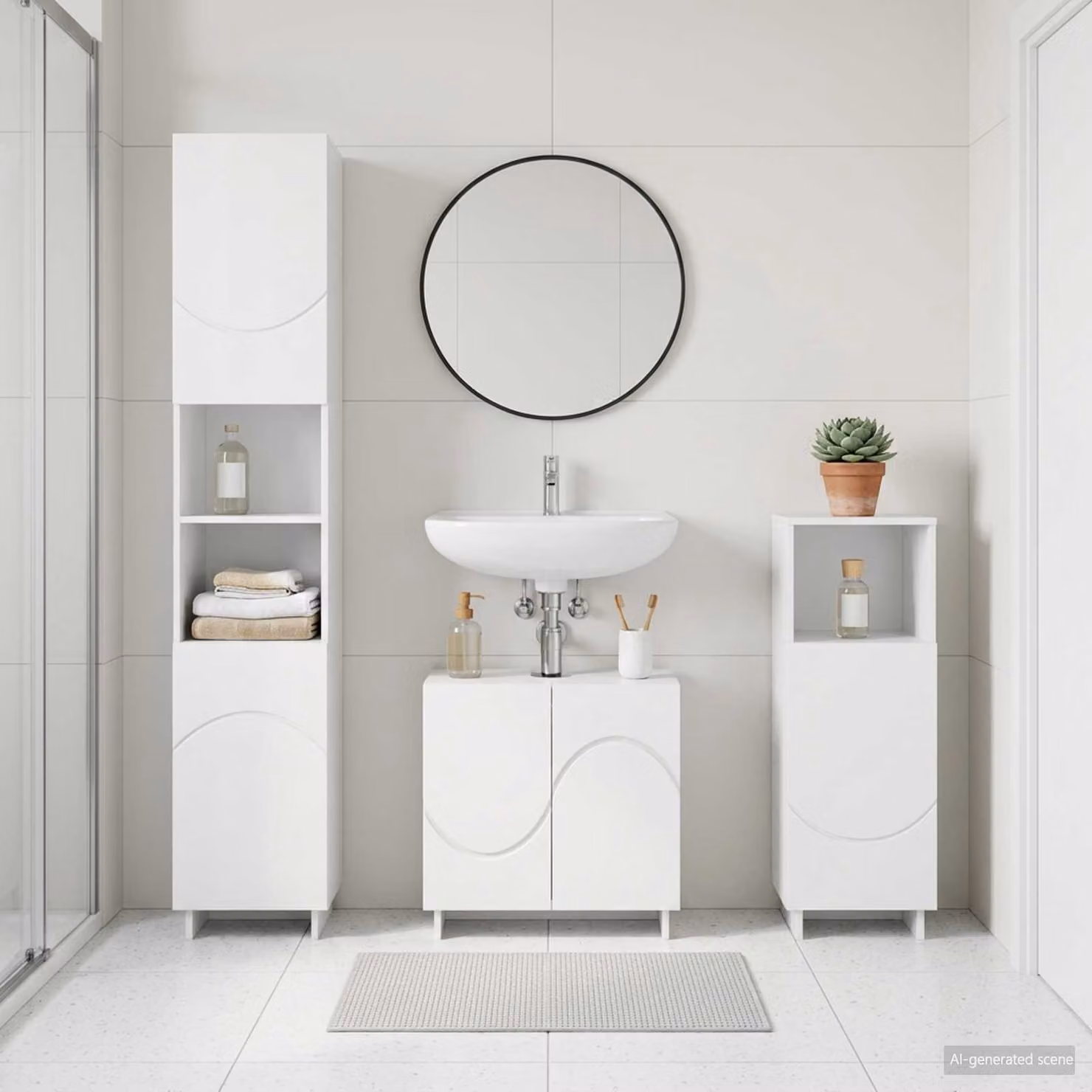 Set di mobili da bagno moderno vidaXL in 3 pezzi bianco opaco in legno MDF composto da mobile lavabo, colonna alta e pensile