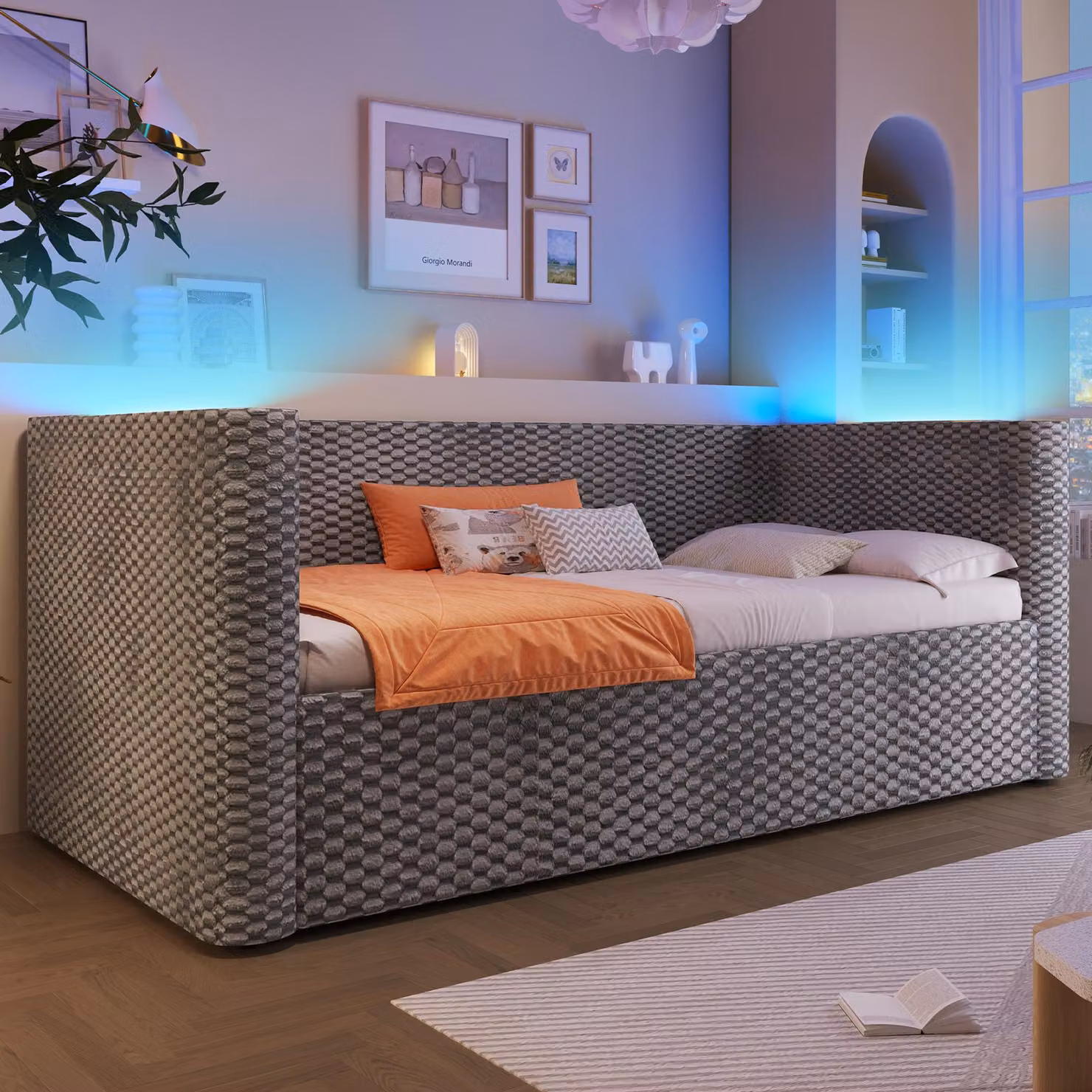 Letto imbottito STILVORA 90 × 200 cm con materasso, divano letto con vano contenitore idraulico, daybed con striscia luminosa a LED, rete a doghe, velluto, grigio