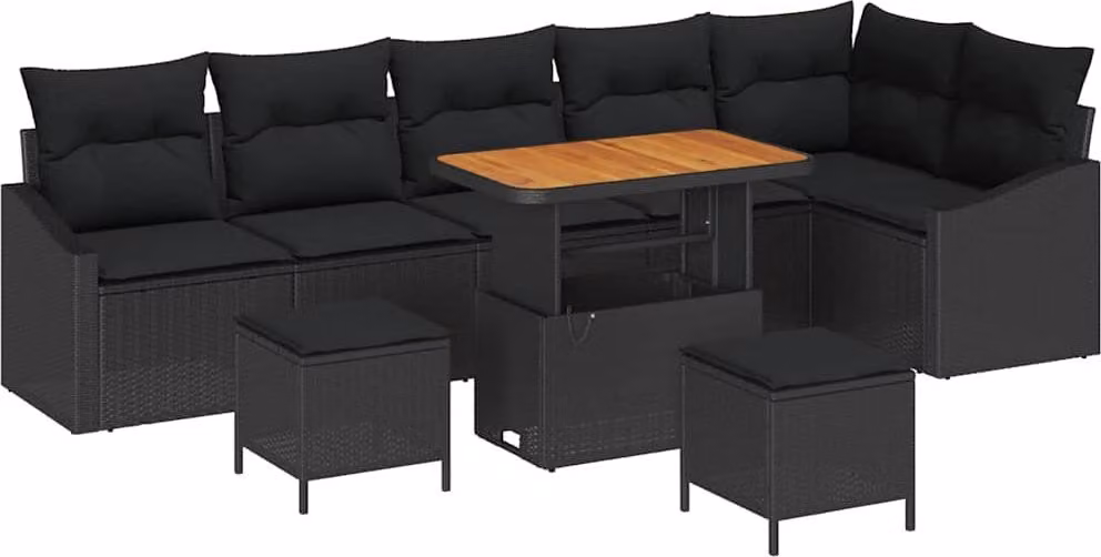 Set Divano da Giardino con cuscino 9 pcs Nero polyrattan