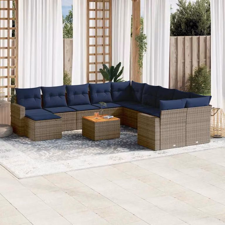 Set di divani da giardino vidaXL in polyrattan grigio con cuscini, tavolino e pouf a forma di U per esterno