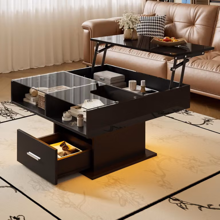 Fortuna Lai, tavolino alto lucido con illuminazione a LED, altezza regolabile e spazio di archiviazione integrato: un design elegante per case e uffici di piccole dimensioni