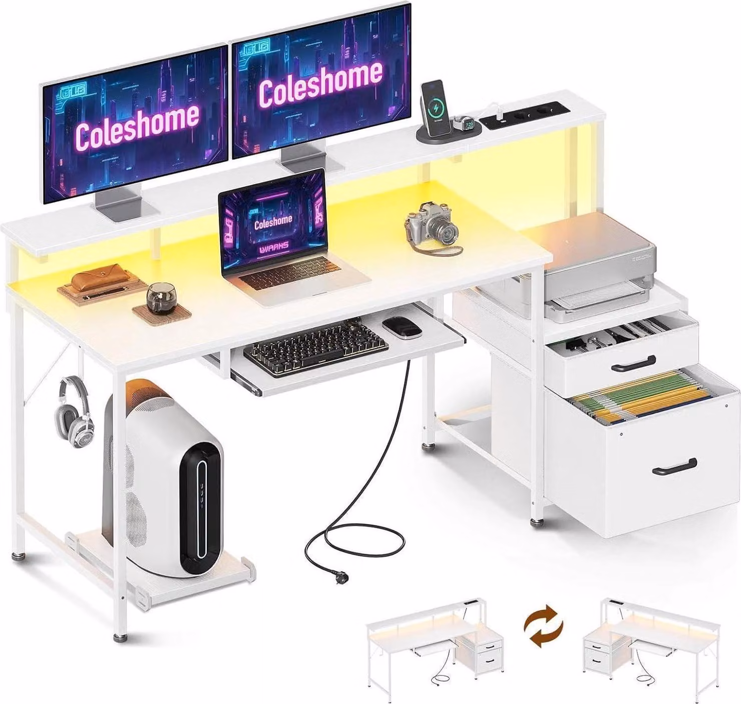 Coleshome Scrivania con cassetti 140x48cm Bianco LED Scrivania da gioco