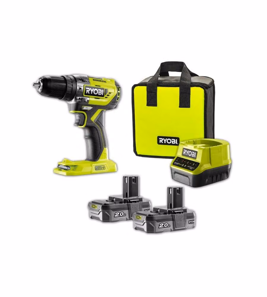 Trapano Avvitatore a Percussione Brushless Ryobi One+ 18V con mandrino autoserrante, 2 velocità e 2 batterie da 2,0Ah, Giallo