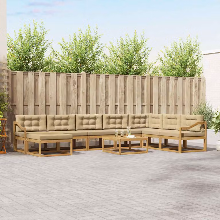 Set di divani da esterno vidaXL 9 pz in legno di acacia con cuscini Bianco, Beige e Marrone