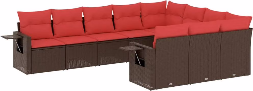 Set Divani da Giardino 10 pz con Cuscini Marrone in Polyrattan