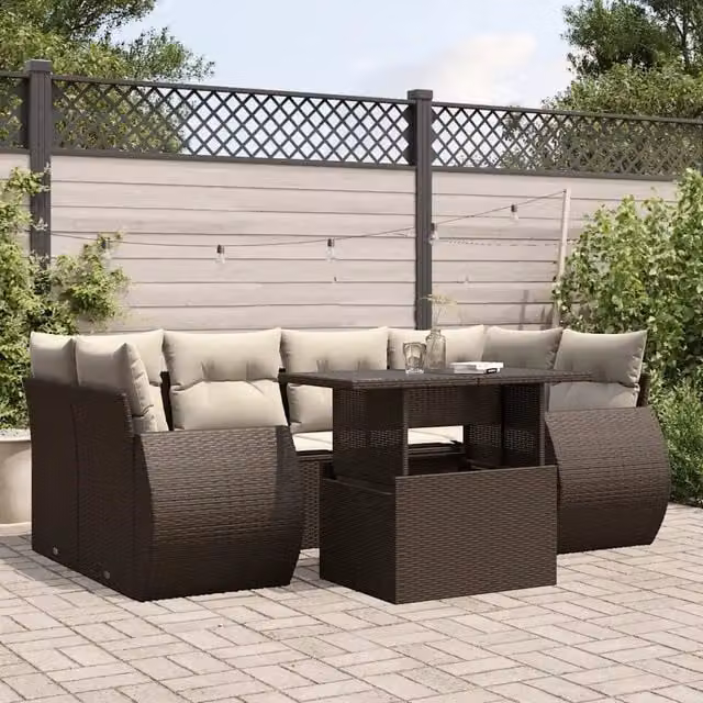 Set Divani da Giardino 7 pz con Cuscini Marrone in Polyrattan 3268393