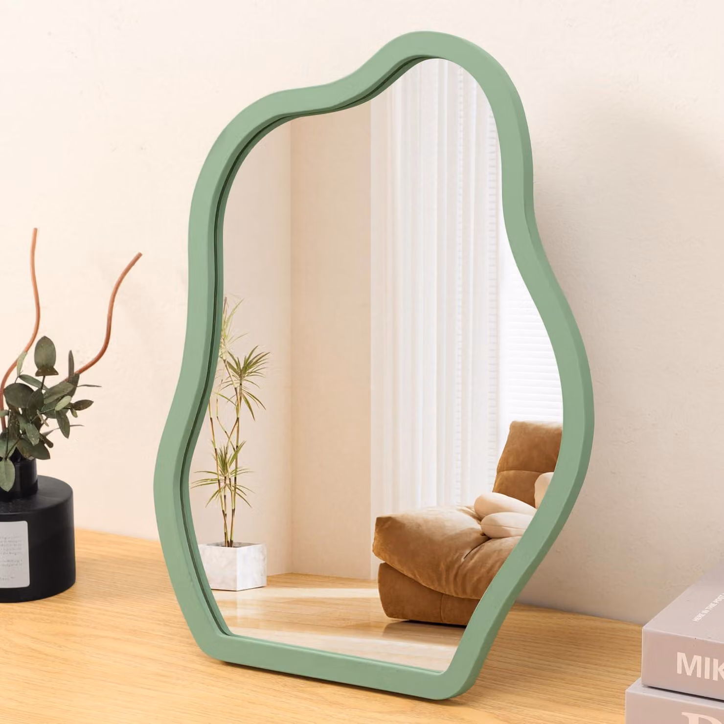 Specchio per tavolo da trucco con cornice in legno, da appoggio, alta definizione, colore verde oliva, dimensioni 35x25 cm