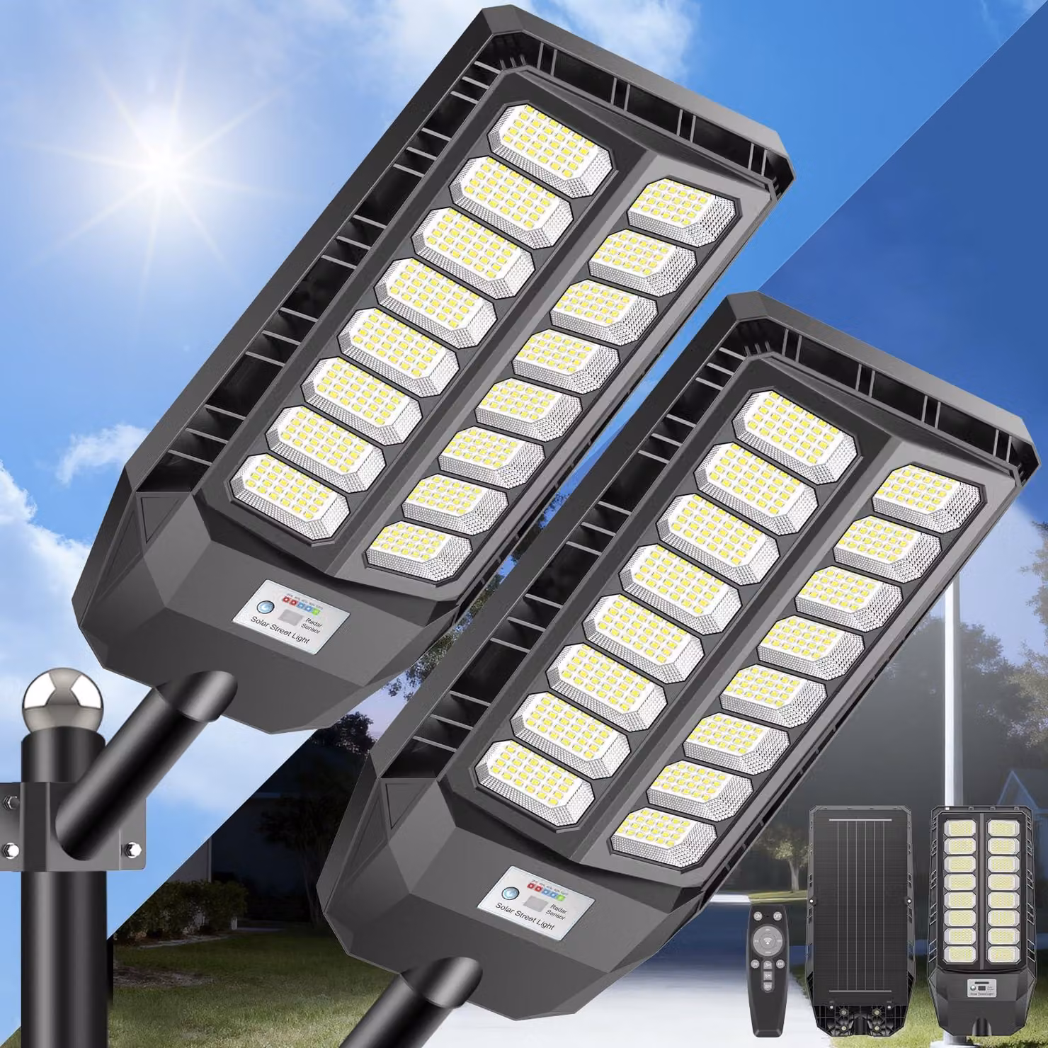 Set di 2 lanterne solari, 8000 lumen, con sensore di movimento, grado di protezione IP66