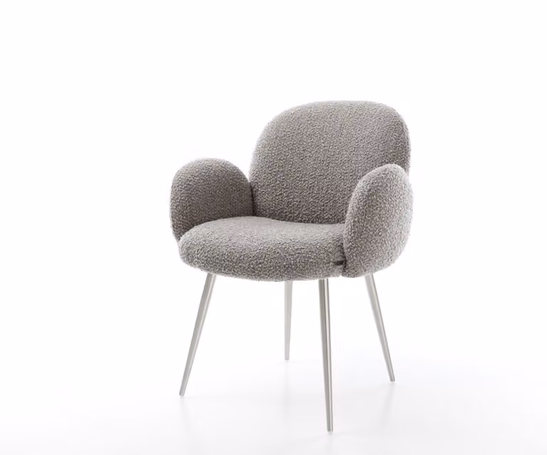Sedia da pranzo DELIFE Nube-Flex con braccioli Bouclé grigio argento 4 gambe coniche in acciaio inossidabile Molle insacchettate