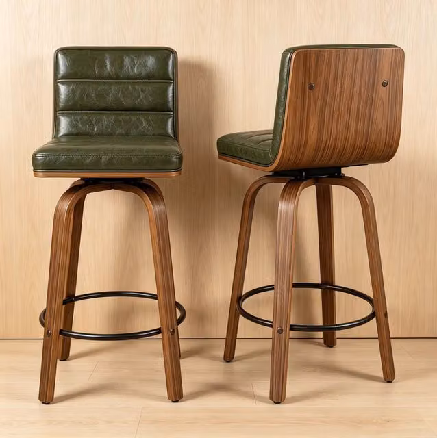 Sgabello da bar verde girevole con rivestimento in PU, schienale e gambe in legno