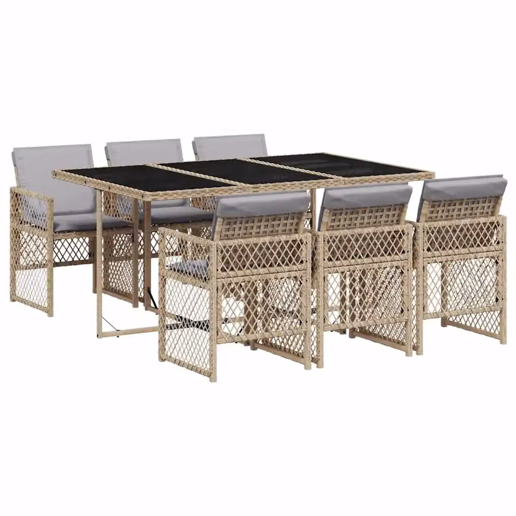 vidaXL Set da Pranzo da Giardino 7 pz in Polyrattan con Cuscini Beige e Tavolo in Vetro – 2
