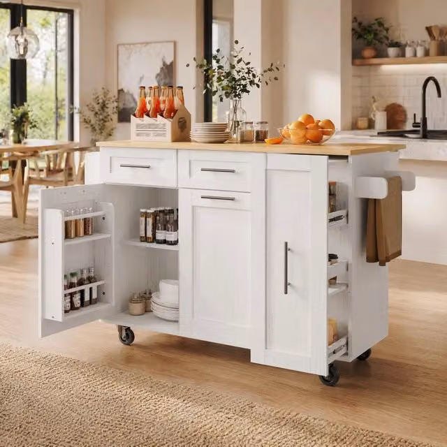 Isola cucina pieghevole con ruote, 110 cm, bianca