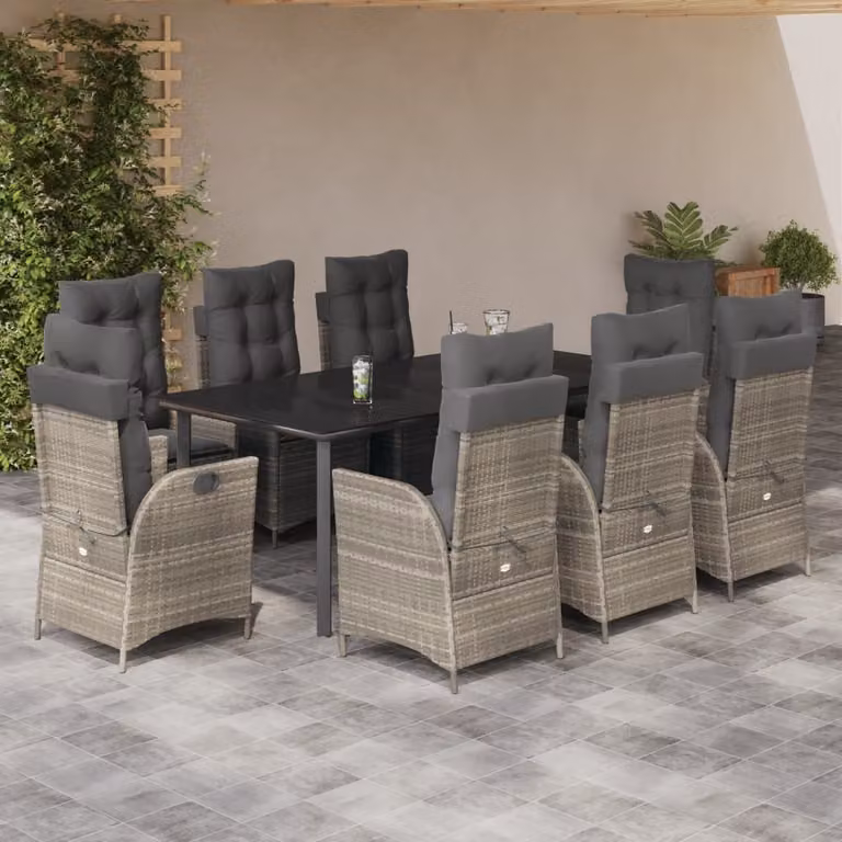 vidaXL Set Pranzo da Giardino 9pz in Polyrattan con Piano in Vetro e Cuscini Grigio Chiaro