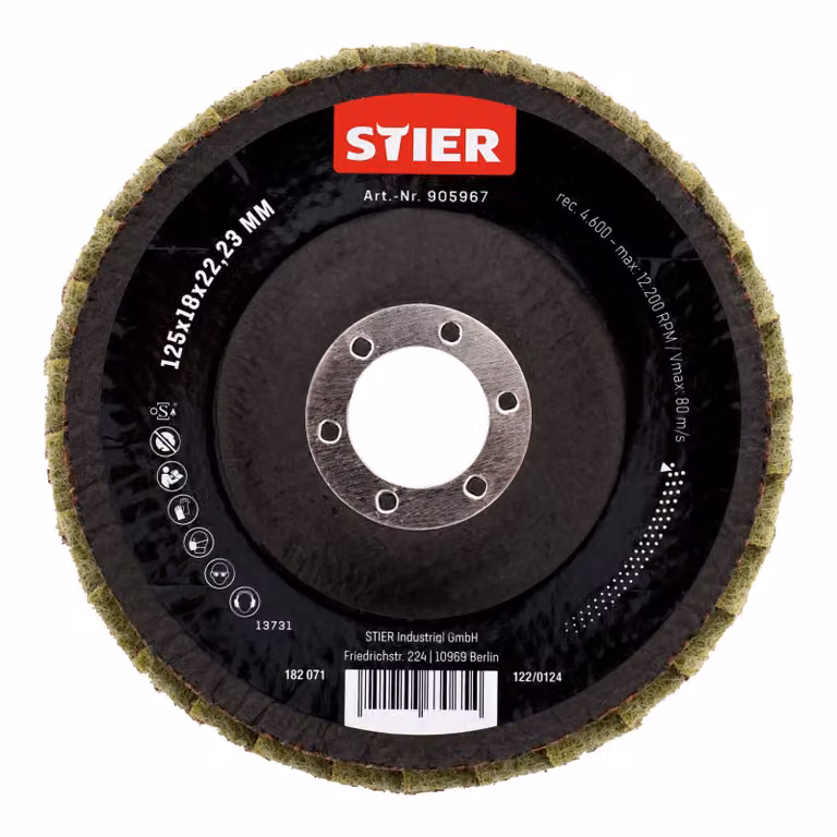 Dischi abrasivi a ventaglio STIER, 125 x 18 x 22,23 mm, grossolani, 5 pezzi, levigatura a freddo, 12.200 giri/min, per acciaio inossidabile