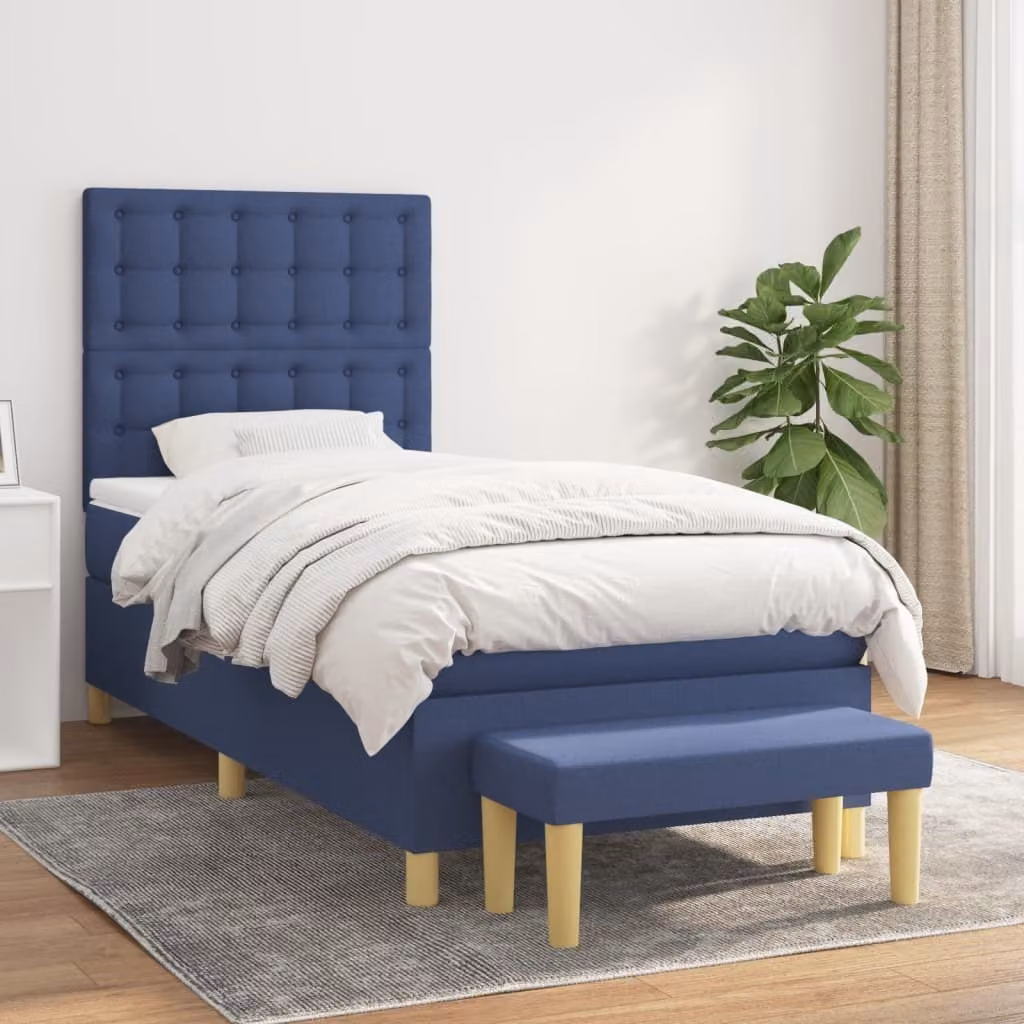 The Living Store Letto a molle con materasso blu 100x200 cm in tessuto