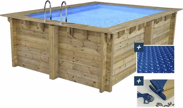 Piscina fuori terra quadrata in legno Maldive Habitat Et Jardin colore blu con copertura a bolle e copertura invernale L/P/H: 320 x 320 x 124 cm – 1