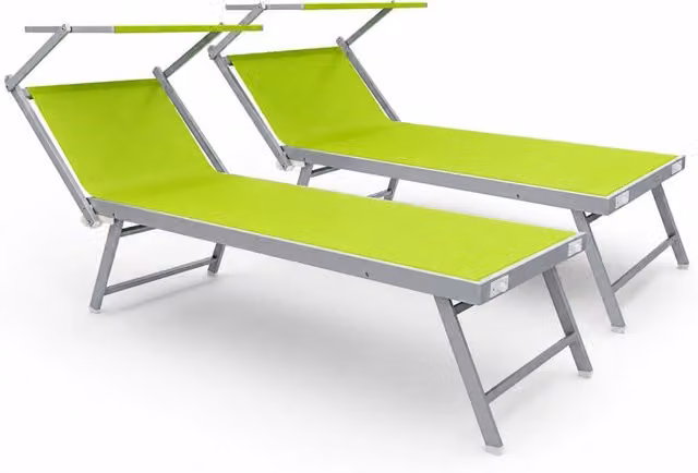 Set da 2 Lettini Prendisole Pieghevoli Professionali ARREDITALY in Alluminio con Tettino Orientabile e Tessuto Textilene, Colore Verde, L: 182 cm, P: 60 cm, H: 38 cm