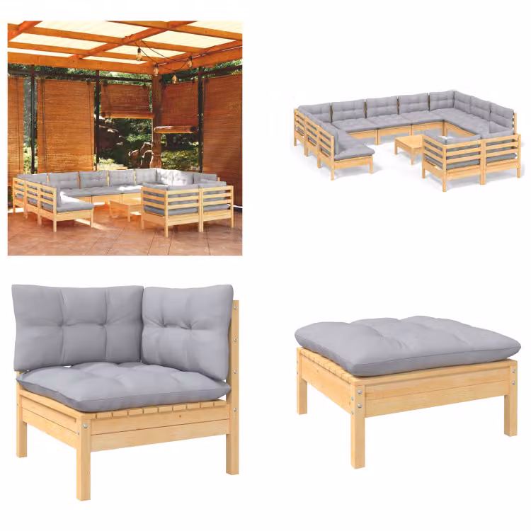 vidaXL Set salotto da giardino 12 pezzi con cuscini grigi in pino massiccio - Set salotto da giardino - Set salotto da giardino - Set arredo giardino - Set arredo giardino