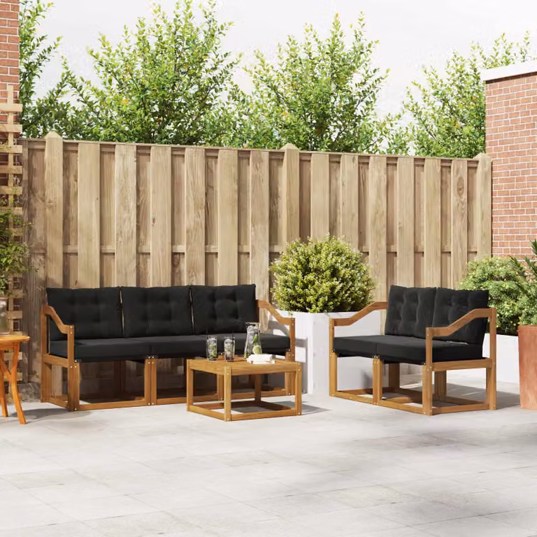 Set di divani da esterno vidaXL 6 pezzi in legno di acacia e textilene, colore marrone e nero, con tavolino e cuscini inclusi