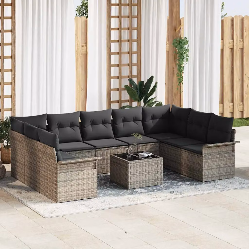 Set Divano da Giardino vidaXL 10 Pezzi in Polyrattan Nero con Cuscini e Contenitore per Archiviazione – 1