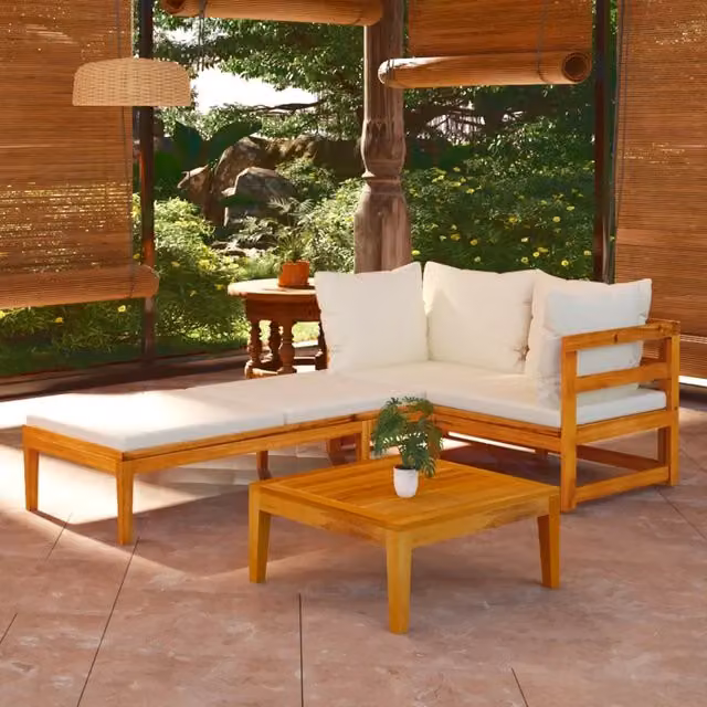 Set Divani Giardino 3 pz Cuscini Bianco Crema in Legno d'Acacia 3087278