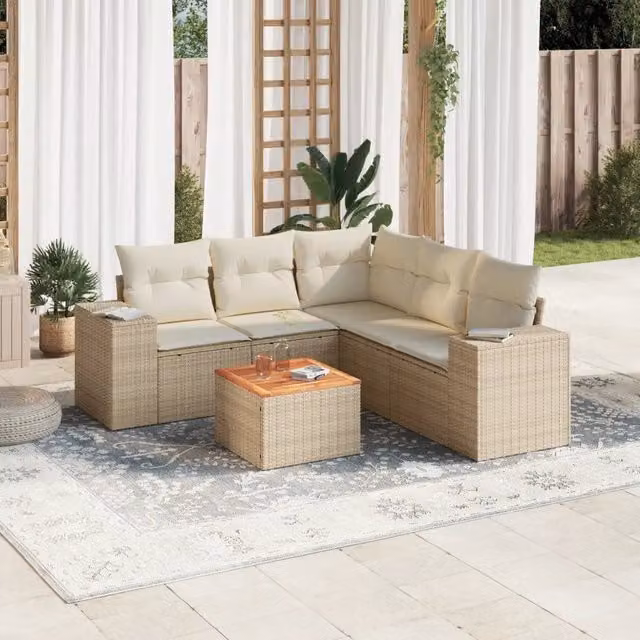 Set Divano da Giardino a L VIDAXL in Polyrattan Beige con 6 Cuscini Moderno – 1
