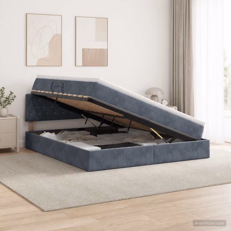 Letto con contenitore vidaXL in velluto grigio e bianco con base lift-up, L/P/H: 140 x 200 x 144 cm