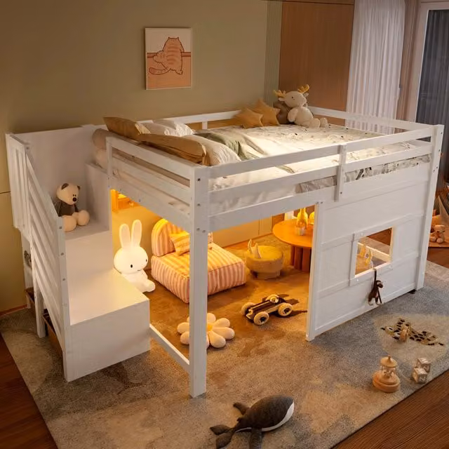 Letto a soppalco con scala contenitore e finestra, 140x200 cm, bianco