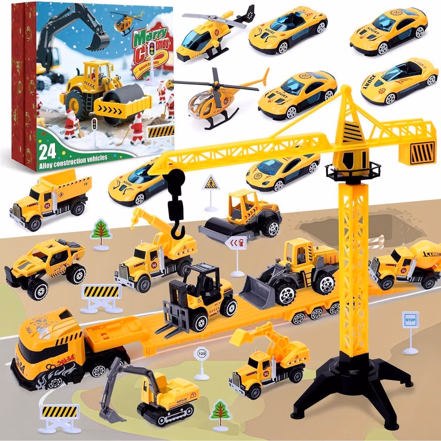 Calendario dell'Avvento a tema veicoli da costruzione per bambini, con 24 sorprese