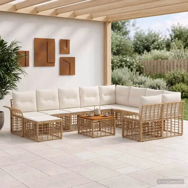 Set di divani da esterno 11 pz Naturale e Bianco Crema 3437820