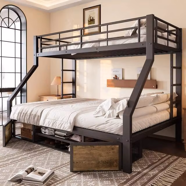 Letto a castello Mivray per bambini con scarpiera e vani portaoggetti in metallo e MDF nero H: 159.5 cm, L: 145 cm, P: 204 cm – 1