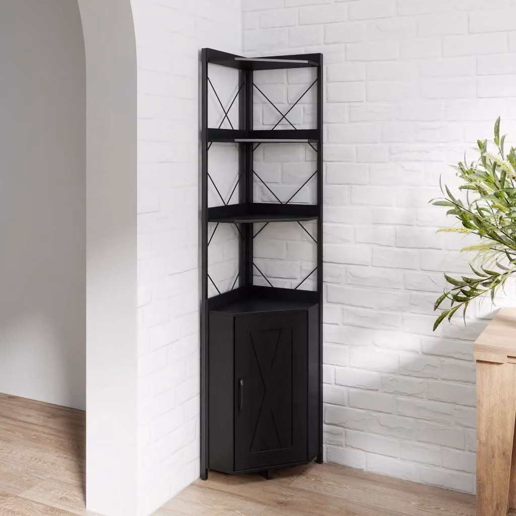 Mensola ad angolo industrial in metallo e MDF con paraspigoli anticaduta, Nero, H: 180 cm, L: 38 cm, P: 38 cm – 2