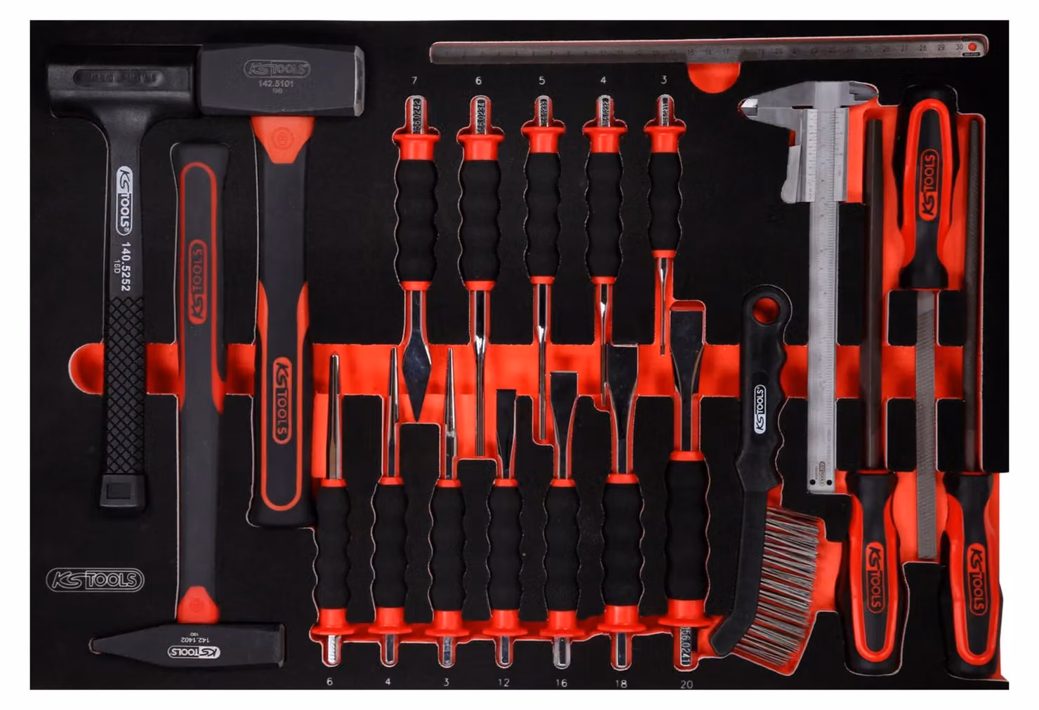 KS TOOLS Set di martelli / scalpelli / e lime con inserto in schiuma 21 pezzi - 811.0021