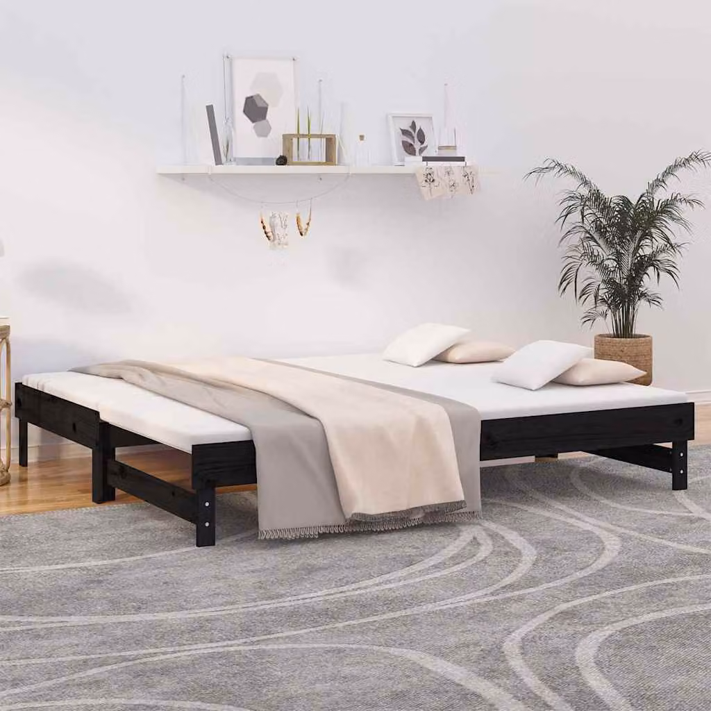 Dormeuse estraibile vidaXL in legno massello di pino con tessuto nero, L/P/H: 202.5 x 80 x 163 cm – 1