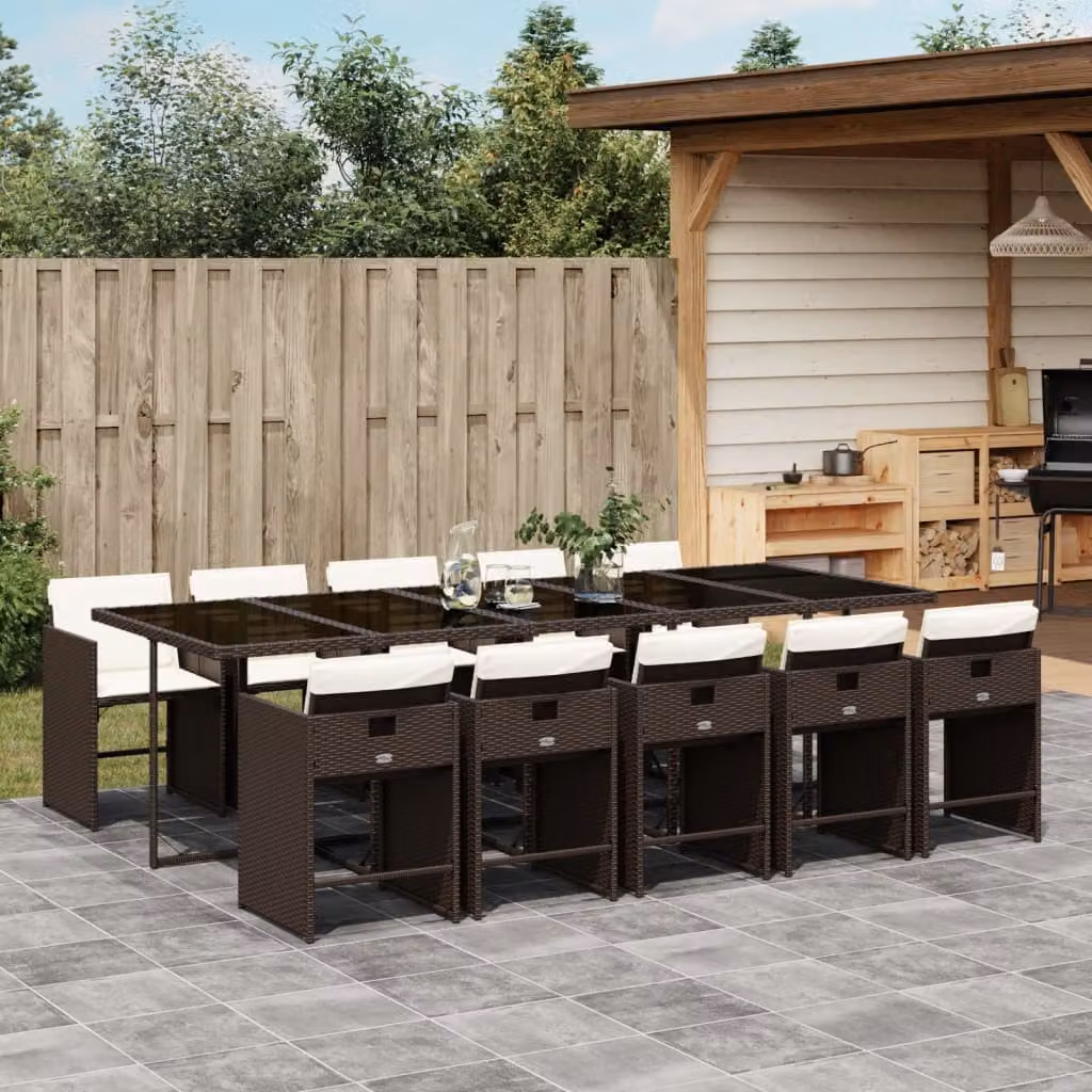 vidaXL Set da Pranzo da Giardino 11 pz in Polyrattan Marrone con Cuscini e Tavolo in Vetro – 1