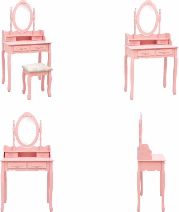 vidaXL Set tavolo da toilette con sgabello Rosa 75x69x140 cm in legno di Paulownia - Tavolo da toilette - Tavoli da toilette - Set tavolo da toilette - Set tavolo da toilette