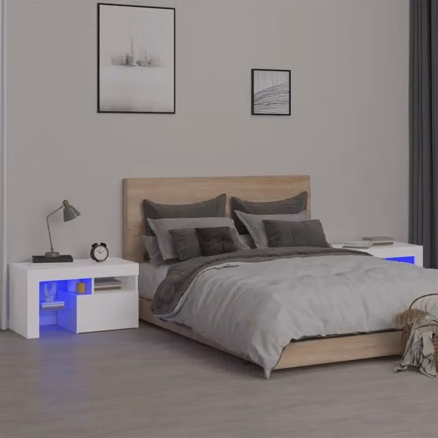 Set di 2 Comodini Design Mania Bianchi con Luci LED Integrate L/P/H: 70 x 36,5 x 40 cm
