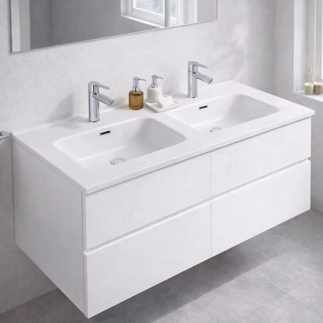 Lavabo consolle da appoggio LAV9120DS in ceramica 2 vasche 121x46.5 cm. bianco lucido