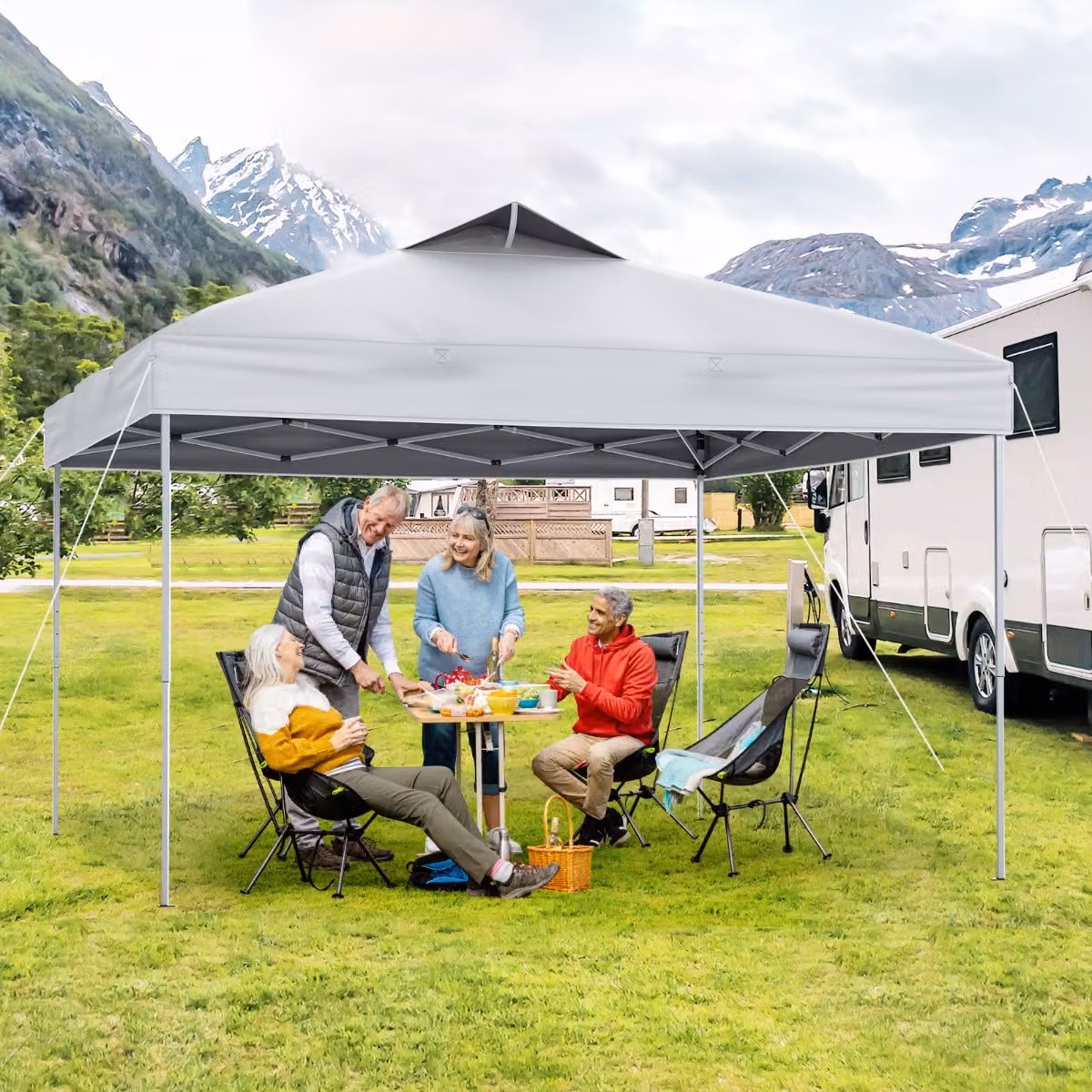 Gazebo pieghevole pop-up Costway per patio all'aperto con blocco centrale, Bianco, L/P: 295 x 295 cm, H: 275 cm
