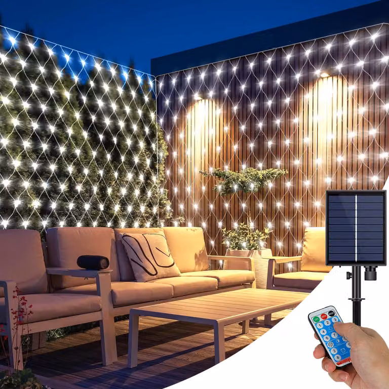 Solar Fairy Lights Outdoor Outdoor Led Light Net, 1.5x1.5M impermeabile luce tenda luce per partito giardino cespugli balcone decorazione, bianco