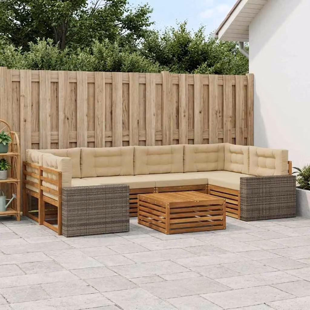 Set di divani da esterno vidaXL 7 pz a forma di L in legno di acacia con tavolino e cuscini, colore beige e sabbia