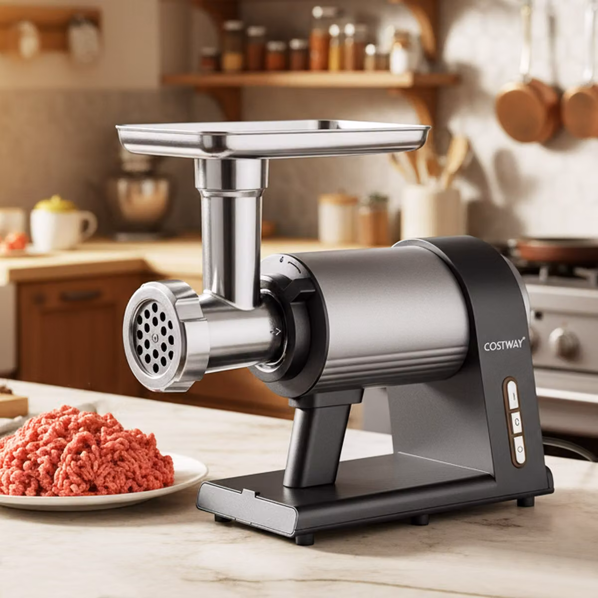 Tritacarne elettrico Costway in alluminio color argento con insaccatore per salsicce e potenza di 2000 W
