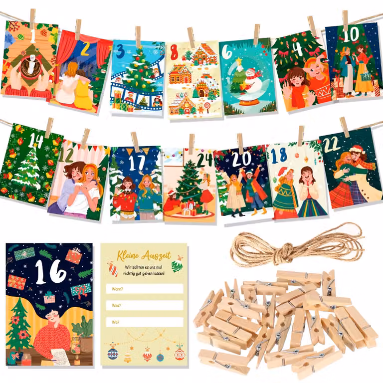 Calendario dell'Avvento per amica, 2025, 24 biglietti, con clip in legno