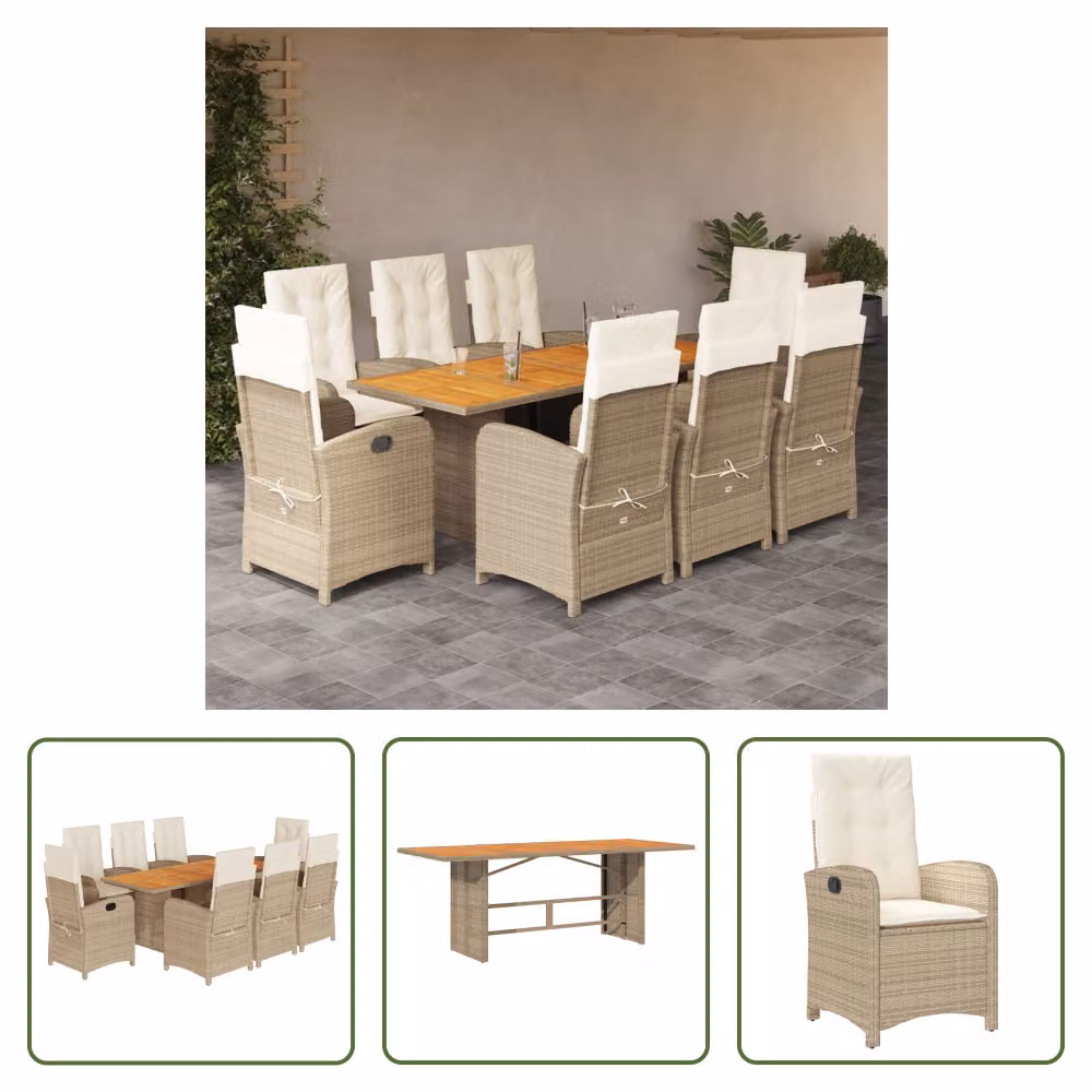 The Living Store Set da pranzo da giardino 9 pezzi con cuscini Beige poly rattan