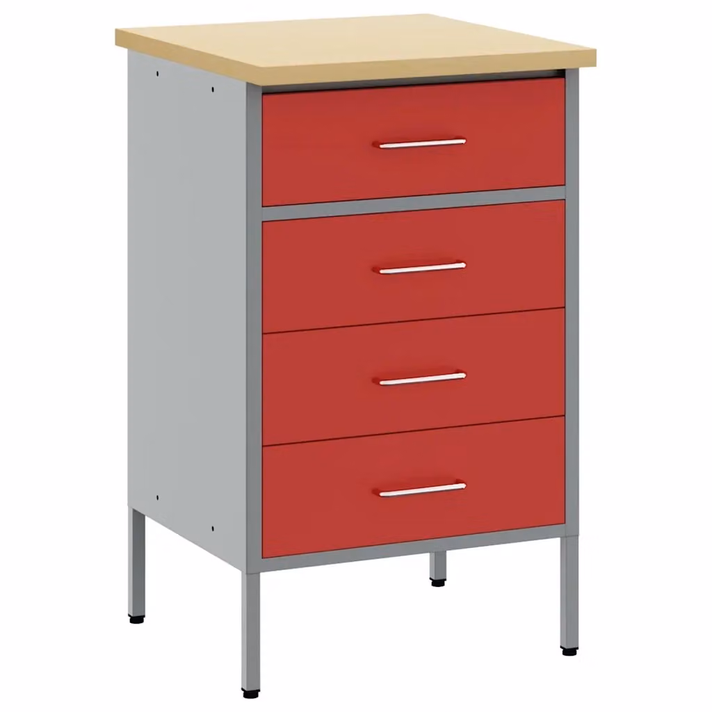 Banco da lavoro con cassetto vidaXL in acciaio e legno, Rosso e Grigio, L/P/H: 50 x 55 x 85 cm – 2