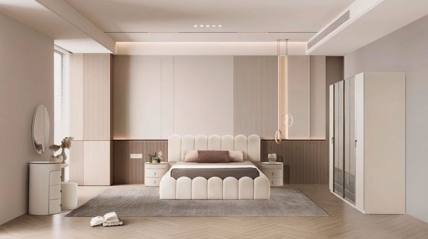 Set per camera da letto: letto, comodini (2), cassettiera, armadio, poggiapiedi. Nuovo