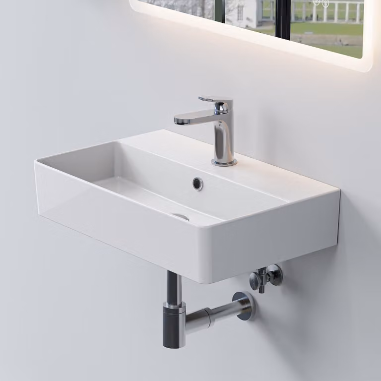 HOROW Lavabo Lavabo a parete 56 x 36 cm Lavabo sospeso in Vetroceramica Lavabo da appoggio rettangolare con foro per rubinetto e troppopieno per piccolo WC ospiti