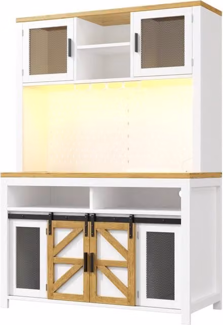 Credenza Chicfurn moderna per cucina e soggiorno con ante scorrevoli e battenti, luce multicolore integrata e prese USB, bianca, L/P/H: 120 x 40 x 174.5 cm