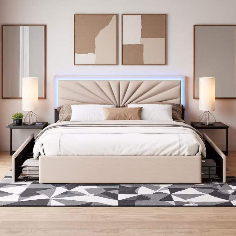 Letto matrimoniale in lino 160x200 cm con LED, robusta rete a doghe, 4 cassetti integrati, design moderno e pratico per 2 persone (senza materasso)