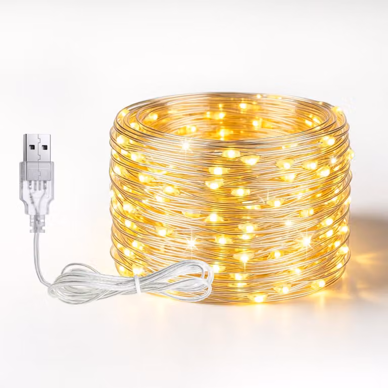 Catena luminosa USB, 5 metri, 50 LED, luce bianco caldo